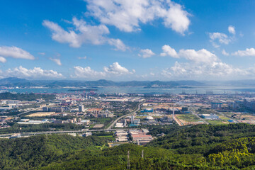 Aerial view of Cityscape with blue sky and buildings in Haicang New District, Xiamen City, Fujian Province