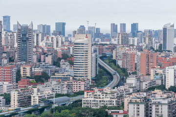 Modern city skyline and viaduct, the fast city transportation BRT in Xiamen city, Fujian, Chian