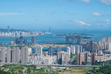 Aerial view of Cityscape with blue sky and buildings in Haicang New District, Xiamen City, Fujian Province