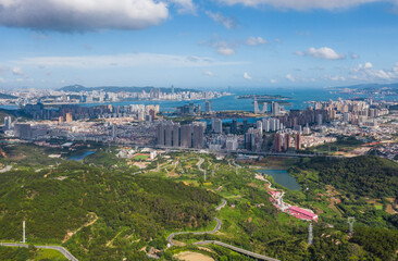 Aerial view of Cityscape with blue sky and buildings in Haicang New District, Xiamen City, Fujian Province
