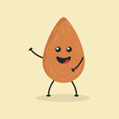 Cute Flat Cartoon Almond Illustration. Vector illustration of cute Almond with smilling expression. Cute Almond mascot design