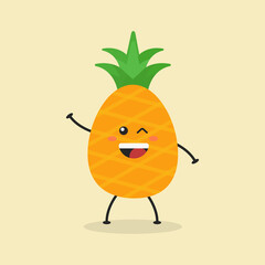 Cute Flat Cartoon Pineapple Illustration. Vector illustration of cute pineapple with a smiling expression. Cute pineapple mascot design