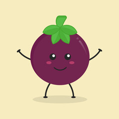 Cute Flat Cartoon Mangosteen Illustration. Vector illustration of cute mangosteen with a smiling expression. Cute fruit mascot design