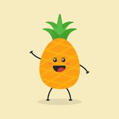 Cute Flat Cartoon Pineapple Illustration. Vector illustration of cute pineapple with a smiling expression. Cute pineapple mascot design