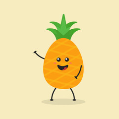 Cute Flat Cartoon Pineapple Illustration. Vector illustration of cute pineapple with a smiling expression. Cute pineapple mascot design