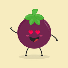 Cute Flat Cartoon Mangosteen Illustration. Vector illustration of cute mangosteen with a smiling expression. Cute fruit mascot design