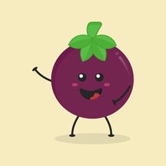 Cute Flat Cartoon Mangosteen Illustration. Vector illustration of cute mangosteen with a smiling expression. Cute fruit mascot design