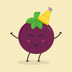 Cute Flat Cartoon Mangosteen Illustration. Vector illustration of cute mangosteen with a smiling expression. Cute fruit mascot design