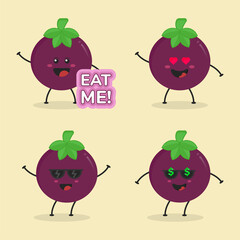 Cute Flat Cartoon Mangosteen Illustration. Vector illustration of cute mangosteen with a smiling expression. Cute fruit mascot design