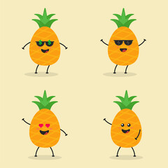 Cute Flat Cartoon Pineapple Illustration. Vector illustration of cute pineapple with a smiling expression. Cute pineapple mascot design