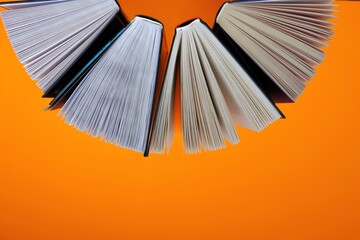 Books set on a bright orange background.Reading and education concept.books close up. Training and knowledge. top view, copy space.Books page close-up background	