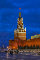 Fototapeta na wymiar Night view of the Kremlin Spasskaya by the Lenin Mausoleum on the Red Square in Moscow, Russia