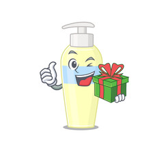 joyful serum cartoon character with a big gift box