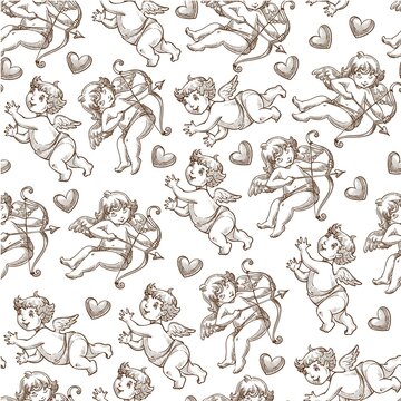 Cupid with bow and arrow, valentines day seamless pattern