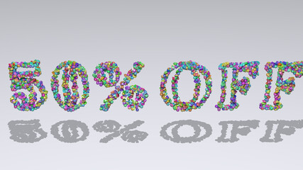 % OFF written in 3D illustration by colorful small objects casting shadow on a white background