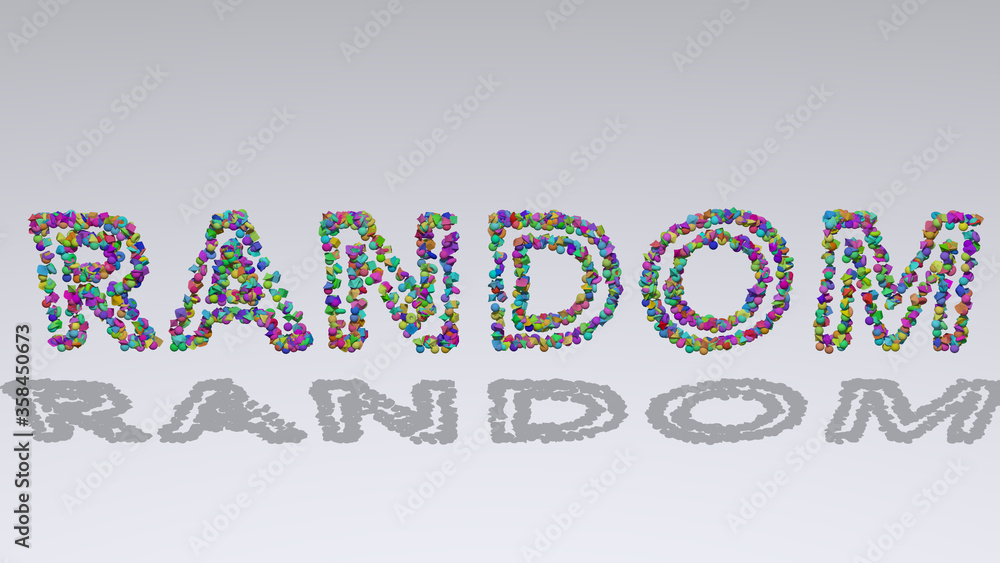 Poster colorful 3d writting of random text with small objects over a white background and matching shadow