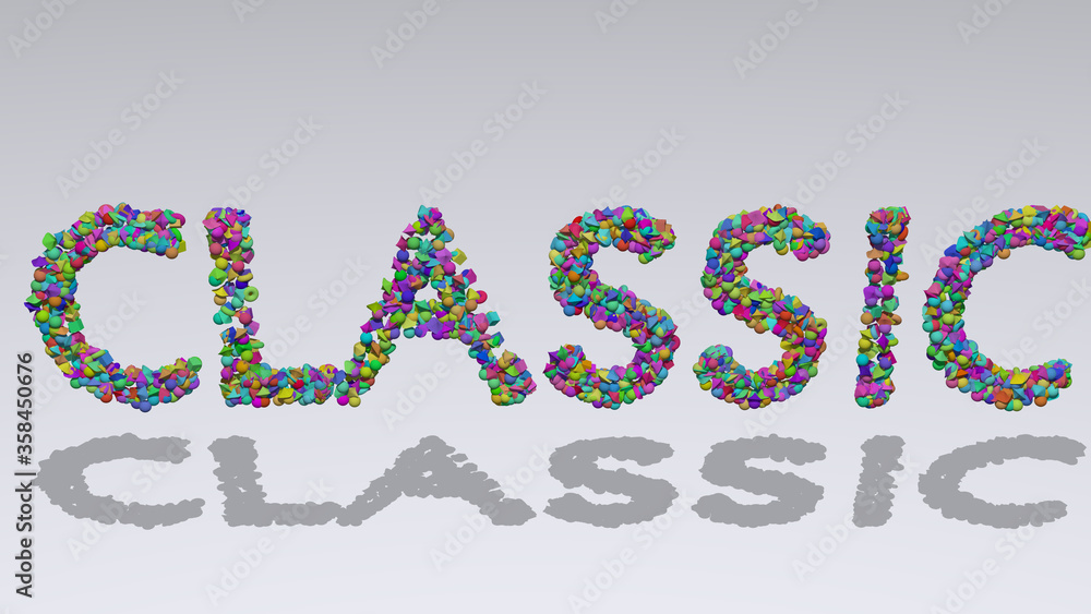 Poster colorful 3d writting of classic text with small objects over a white background and matching shadow