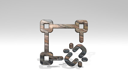 VECTORS SQUARE LINK BROKEN from a perspective on the wall. A thick sculpture made of metallic materials of 3D rendering. design and blue