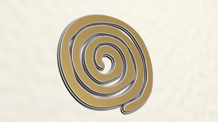 spiral from a perspective on the wall. A thick sculpture made of metallic materials of 3D rendering. curve and background