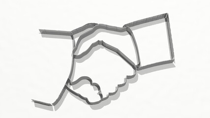 shaking hands on the wall. 3D illustration of metallic sculpture over a white background with mild texture. meeting and caucasian