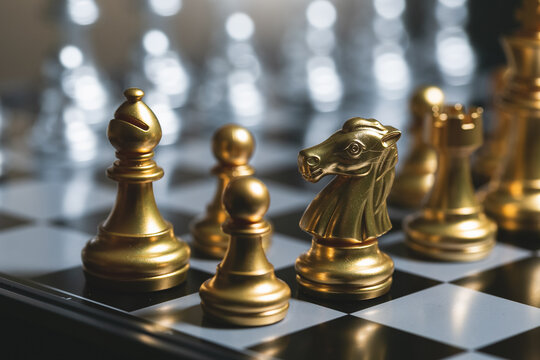 Gold Pawn Surrounded By Gold Chess Pieces On A Chess Board.