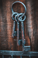 Some old rusty keys hanging on a wooden key chain
