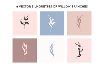 A set of willow branch silhouettes with leaves in a simple minimalistic style. Botanical design. Floral vector