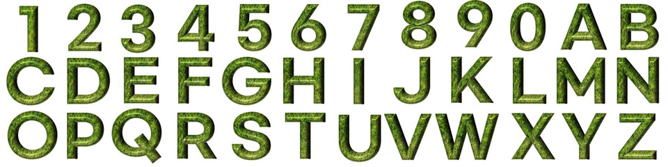 3D TEXT MADE OF GRASS TEXTURE 0 TO 9 AND A TO Z