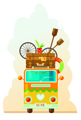 Cute vector illustration of a travelers car. Baggage on the roof. Hippie.