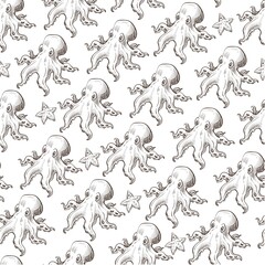 Sea octopus with tentacles, starfish oceanic creatures seamless pattern