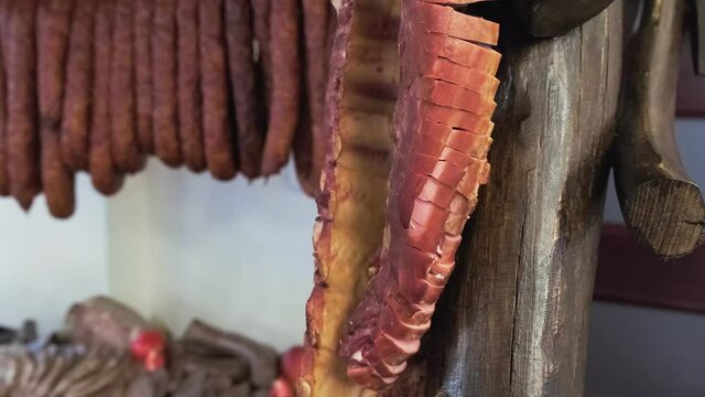 Smoked meat with pork hang on string