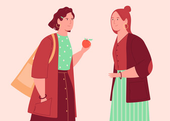 Two cute young girls are talking. One of them is holding an orange in her hand. Vector cartoon illustration. Character design.