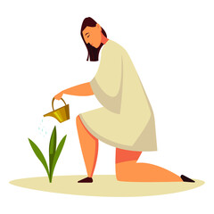 Fototapeta na wymiar Illustration of a girl watering a plant from a watering can. Vector picture. Character design.