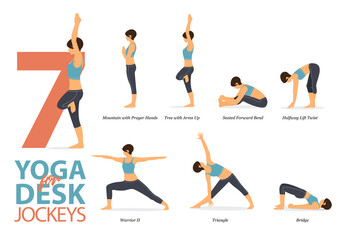 7 Yoga poses for workout in concept of desk jockeys. Woman exercising for body stretching. Yoga posture or asana for fitness infographic. Flat cartoon vector.