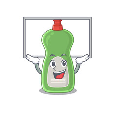 Mascot character of dishwashing liquid rise up a white board