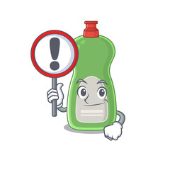 A cartoon icon of dishwashing liquid with a exclamation sign board