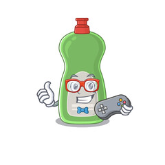 Cartoon Mascot design of dishwashing liquid gamer using controller