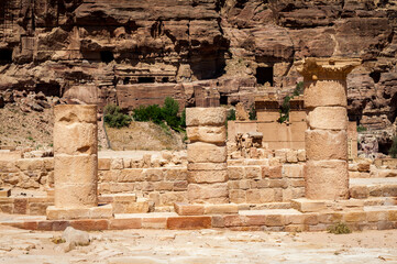 It's Roman columns of the Great temple complex in Petra (Rose City), Jordan. The city of Petra was...