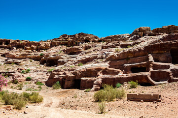 It's Red sandstone rocks in Petra (Rose City), Jordan. The city of Petra was lost for over 1000...
