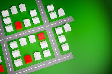 3d illustration small identical white and red one-story village houses stand in even rows on green grass. Small town. The concept of similar life in homes with several other homes