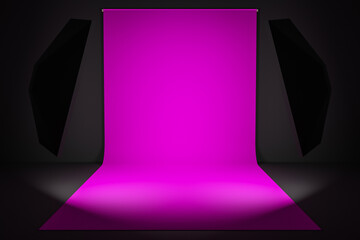 3D rendering Photostudio with studio equipment:  pink background for photography, studio flashes, deflectors, Octoboxes