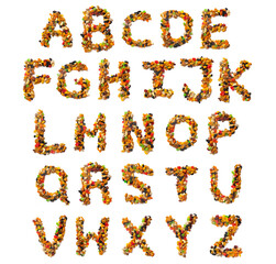  English alphabet from a mixture of hazelnuts, almonds, walnuts, cashews, seeds, raisins, candied fruit on a white isolated background. Food pattern made from nuts.