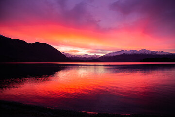 Sunset in Wanaka Lake in New Zealand South Island. ‎June ‎12, ‎2018