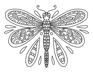 Vector coloring book with dragonfly line art black and white illustration. Insect with wings and small details. Coloring page for adults and children with dragonfly. A series of coloring with insects.