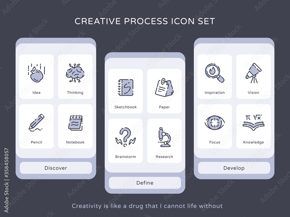 Poster creative process icon set idea thinking pencil notebook sketchbook brainstorm research vision focus 