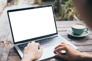 computer mockup image blank screen.hand woman work using laptop with white background for...