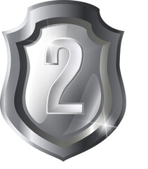 3d realistic vector icon silver shield, winner number two.