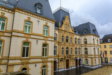 Fototapeta na wymiar Cobblestone pavement by Mansfeld Building, Ministry of Foreign and European Affairs in Luxembourg