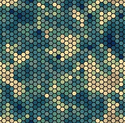Blue and beige halftones hexagon snake skin. Seamless geometric vector texture