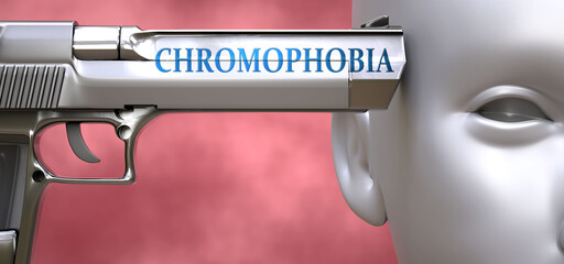 Chromophobia can be dangerous for people - pictured as word Chromophobia on a pistol terrorizing a person to show that it can be unsafe or unhealthy, 3d illustration